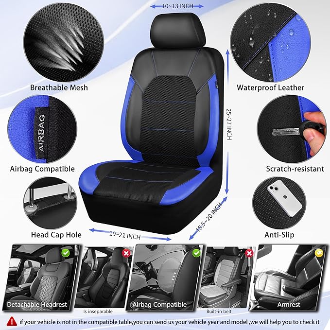 CAR PASS Leather Car Seat Covers Front Seats Only, with Air Mesh Front Seat Covers Breathable, Cool Automotive Seat Cover 2 Pack, Universal Fit Most Cars,SUV,Truck,Van Airbag Compatible(Black & Blue)