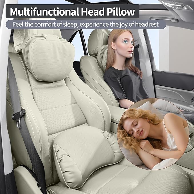 Car Headrest Pillow for Driving, Dual-Sided Leather Design Neck Pillow, Breathable Softness Neck Support, Universal Fit Head Rest Travel Pillow, Off White (Beige), 1 Pack