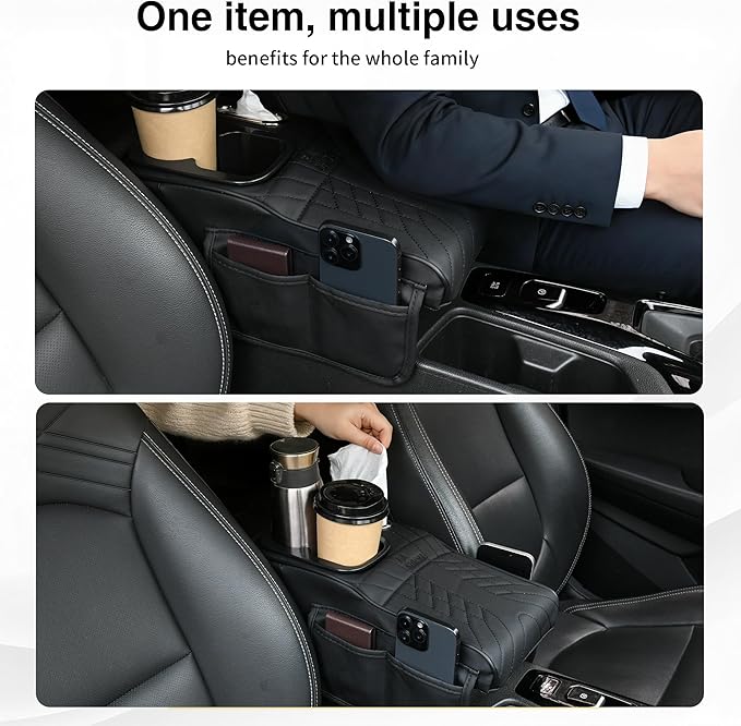 Center Console Cover, Car Armrest Cushion with Cup Holder&Tissue Box, 2 Side Storage Box, Car Armrest Storage Box Interior Accessories (Black)
