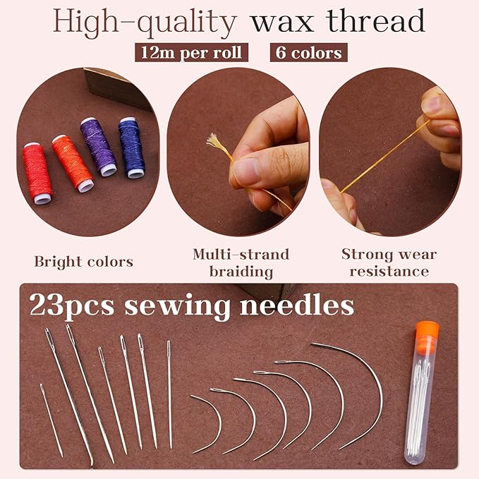MORFEN Leather Sewing Kit Upholstery Repair Kit Leather Stitching Kit with Hole Punch, Waxed Thread, Sewing Awl, Upholstery Needles, Leatherworking Tools for Hand Stitching Furniture, Car, Sofa
