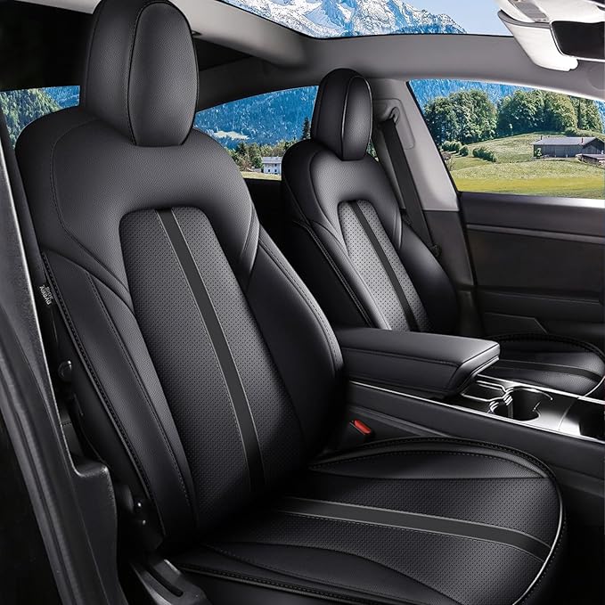 AOMSAZTO Car Seat Cover Fit for Tesla Model Y 2020 2024 - Half Surrounded Customized Seat Covers(Black with Stripe)
