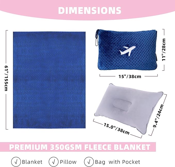 3 in 1 Travel Blanket Pillow Set - 350 GSM Thick Travel Blanket Airplane Compact with Bag, Soft Bag with a Pocket, Inflatable Travel Pillow for Camping & Car Trip (Royal Blue)