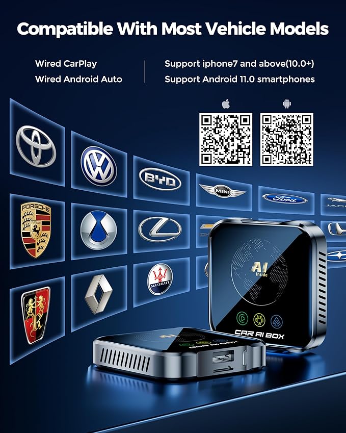 Magic AI Box Wireless CarPlay Adapter, Fast Car Video Box Plug & Play, Easy Setup, Supports Netflix/YouTube/TF Card Streaming Equalizers and More for OEM Wired CarPlay/Android Auto Cars (Glossy Black)