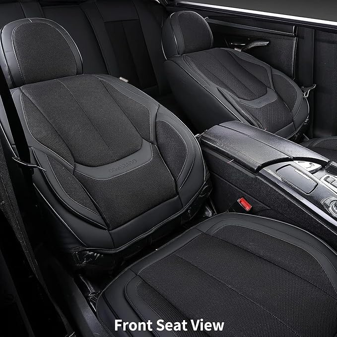 Coverado Front Seat Covers, 2 Pieces Universal Seat Covers for Cars, Breathable Fabric & Leather Car Seat Protectors, Car Seat Cushions Auto Accessories Fit for Most Sedans SUV Truck, Black