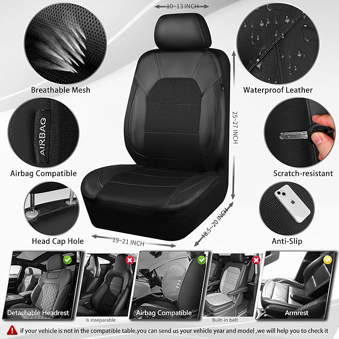 CAR PASS Universal Leather Two Front Seat Covers,Sport seat Covers fits Most Cars, SUVs, Trucks, and Vans Airbag Compatible (Black and Black)