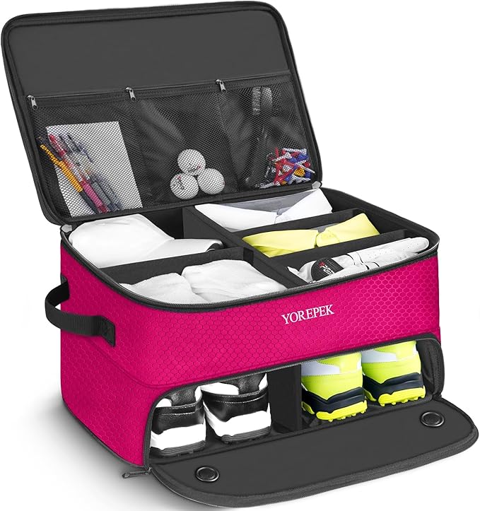 YOREPEK 2 Layer Golf Trunk Organizer, Golf Gifts for Men with Separate Ventilated Compartment for 2 Pair Shoes, Waterproof Car Trunk Locker for Balls, Tees, Clothes, Gloves, Gifts for Golfers