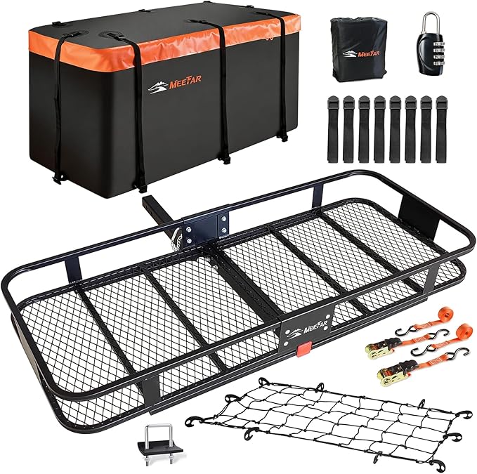 Hitch Mount Cargo Carrier Basket 60"*25"*6"+Waterproof Bag 25 Cubic Feet(60"*24"*31"),and Cargo Net with Attachment Hooks,Ratchet Straps,Hitch Stabilizer.500 Lbs Capacity,foldable,fit 2" Receiver