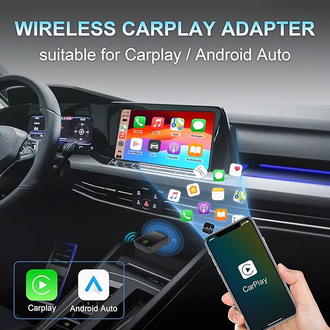 2 in 1 Wireless CarPlay Adapter for iPhone iOS 10+, Android Auto Adapter for Android 11+ Converts Wired to Wireless CarPlay Compatible with 800+ Car Models (2016+)