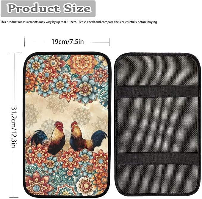 Suobstales Boho Mandala Rooster Chicken Print Car Armrest Pad Soft Center Console Arm Rest Protector Cover Universal Car Interior Accessories Decoration