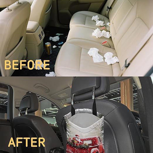 Santa Claus on Red Truck Car Trash Bag, Hanging Drawstring Car Garbage Bag,Canvas Car Back Seat Organizer with Adjustable Buckle for Men and Women