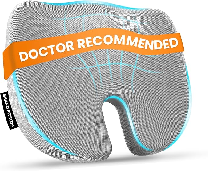 GRAND PITSTOP Memory Foam Seat Cushion for Office Chair Car & Home Orthopedic Tailbone & Sciatica Pain Relief Pad Ergonomic U-Shaped Design with Cooling Foam, Non Slip Base & Washable Cover