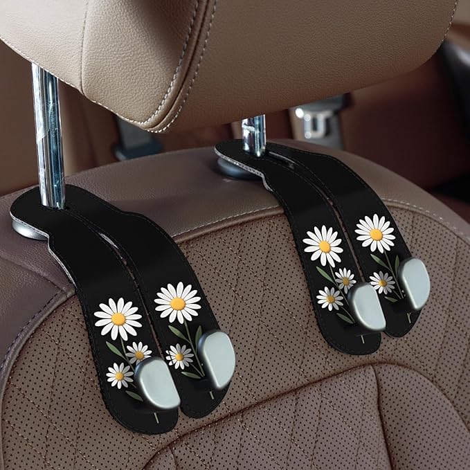 CoBak Purse Hook for Car - Universal Premium Stitched Leather and Aluminum-Magnesium Alloy Double Car Seat Back Storage Hook for Purses, Handbags, Bags (2 Pack),Daisy