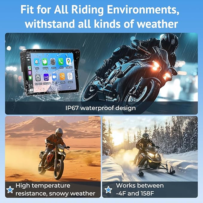 W722 for Motorcycle CarPlay & Android Auto,7" Waterproof Smart GPS Navigation System Screen,Car Play Moto with Light Sensor,Dual Bluetooth,Siri/G-Assist,EQ,USB/Hardwired Power Supply