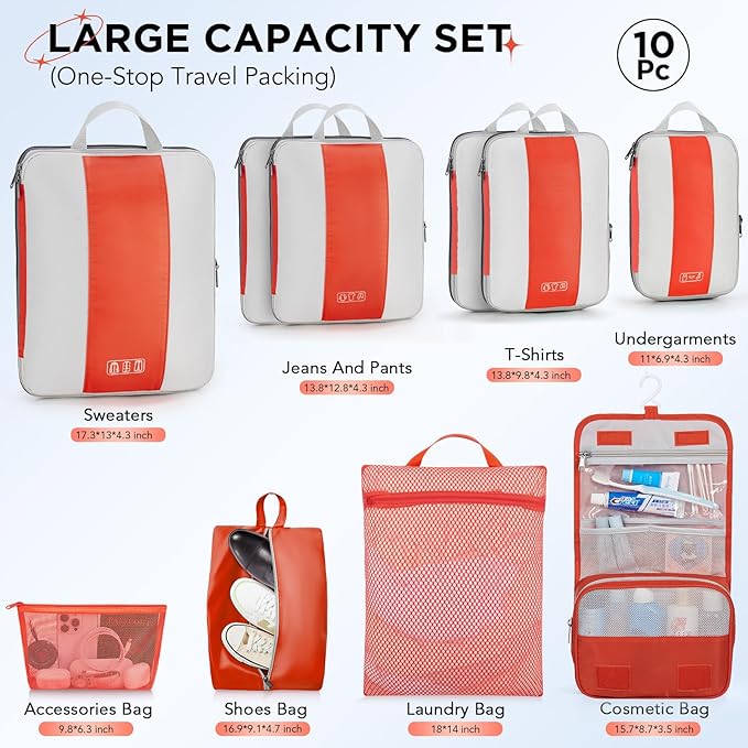 10 Set Compression Packing Cubes for Travel Essentials,Compressible Expandable Packing Cubes for Suitcase,OlarHike Luggage Organizer Bags for Travel,Handy Helper for Organizing Clothes(Orange)