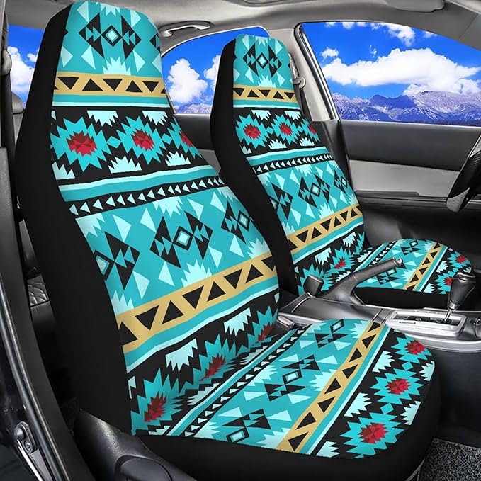 ELEQIN Blue Aztec Car Seat Covers Two Front Only for Car, Automotive Interior Covers, Quick Setup Universal Fit Seat Covers for Car, Truck, SUV