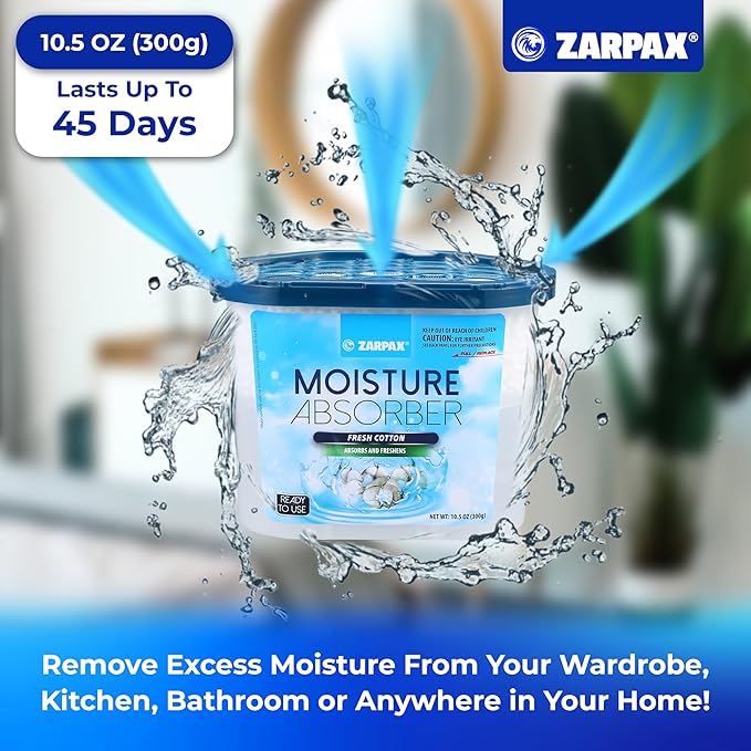 ZARPAX Moisture Absorber Fresh Cotton 10.5 oz/300g | Removes Moisture, Damp & Humidity | Odor Absorber With Fresh Cotton Fragrance | Moisture Trap for Bathroom, Closet, Kitchen | Set of 6