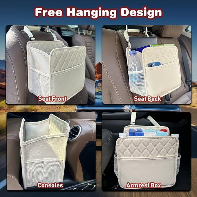 Witaxima 2 Pack Upgraded Car Seat Organizer Backseat with Storage Pockets, Multipurpose Car Organizer Hanging Car Trash Bag Premium PU Leather Garbage Can 2.14 Gallon Large Capacity Accessories Beige