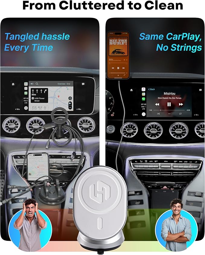 HexaCharge 4-in-1 Wireless Car Adapter – Works with Apple CarPlay and Android Auto, Magnetic Phone Mount with Wireless Charging, Converts Wired to Wireless for iPhone & Android