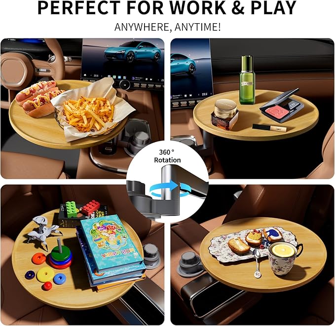 Car Tray & Car Desk for Laptop, 360° Rotating Wood Cup Holder Table, Steering Wheel Tray, Car Accessories for Women & Men,Compatible with Tesla Model Y/3/S, Ford F150/Explorer/Maverick & Most Vehicles