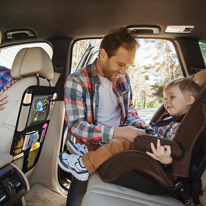 ONE PIX Backseat Car Organizer Mats Back Seat Organizers and Storage Bag with Touch Screen Tablet Holder for Kids Toddlers Seats, Travel Accessories, Road Trip Essentials (2PCS)