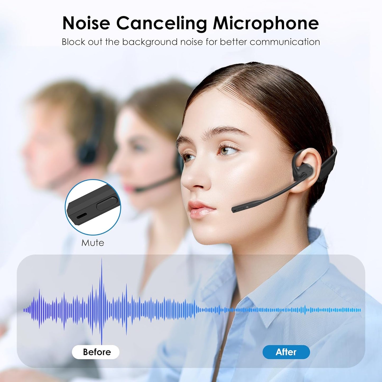 Open Ear Headphones with Mic, Bluetooth 5.3 Headset with AI Noise Cancelling Mic & Mute Function, Wireless Headset for Work, Sports, Drive (Dark Black)