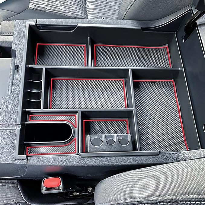 TACOBRO Center Console Organizer Compatible with 2014-2017 2018 2019 2020 2021 Tundra Accessories, Crewmax Interior Armrest Underseat Storage Box- Full-coverage Insert Tray, Red Trim