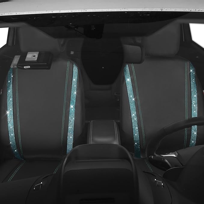CAR PASS Leather Bling Diamond Car Seat Covers 2 Front Interior Sets, Waterproof Universal Shining Glitter Crystal Sparkle Fit for 95% Automotive Truck SUV Cute Women Girl, Black Mint Rhinestone