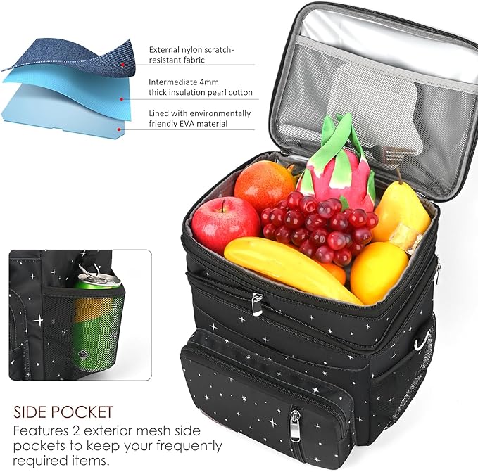MIYCOO Lunch Bag & Lunch Box for Women Men, Double Deck Leakproof Insulated Soft Large Adult Camping Cooler bag for Work, Beach, Picnic, Travel (Black Starry Sky, 15L)