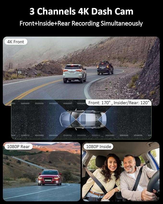3 Channel 4K WiFi Dash Cam, 4K+1080P+1080P Front Inside and Rear, Triple Dash Camera with 32GB Card, APP Control, G-Sensor, 24 Hours Parking Mode, Loop Recording, Night Vision
