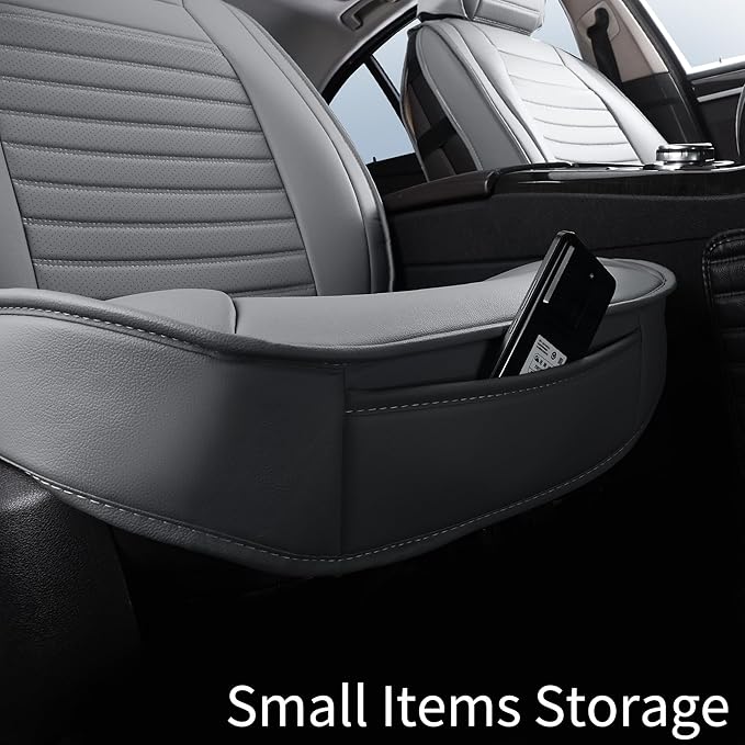 Leather Car Seat Covers, Waterproof Horizontal Stripes Front and Rear Car Seat Cover, Breathable Automotive Seat Covers for Sedan SUV Pick-up Truck (5 PCS Full Set, Grey)