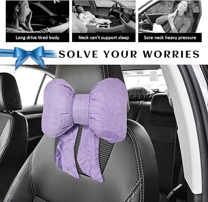 Sun Walker Bow Car Headrest Pillow, Breathable Bow-Shaped Vehicle Neck Pillow with Adjustable Strap, Ergonomic Neck Support Cushion Driving Seat Decoration for Women Girls (Purple)