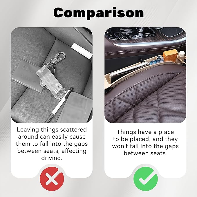 2PCS Car Seat Gap Filler Organizer, Multifunctional Seat Side Gap Filler Between Seat and Console, with Organizer & Hook Function for Avoiding Dropped Items, Universal Fits (Beige)