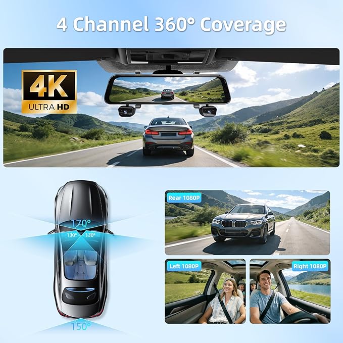 12" 4K+1080Px3,4 Channel Mirror Dash Cam Front and Rear with STARVIS Sensor, Rear View Mirror Camera,Back up Camera for Cars,8 IR Night Vision,WiFi,GPS,Voice Control,Free 128G SD