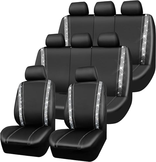 CAR PASS Bling Diamond Car Seat Covers, Shining Rhinestones Waterproof Faux Leather, 8 Seats 3 Rows with Zipper Glitter Crystal Sparkle Strips Universal Fit 95% MPV,SUV,CAR for Women Girl, Silver