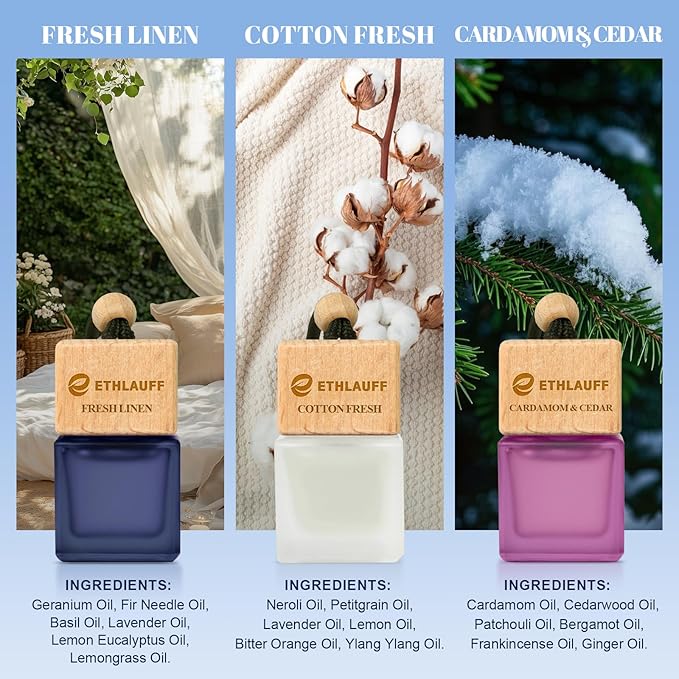 Car Air Freshener Hanging, 3 Pcs Cotton Fresh, Fresh Linen, Cardamom & Cedar, Car Scent Air Fresheners Diffuser for Car, 45+ days Long Lasting Fragrance, 0.27 FL OZ/8ML
