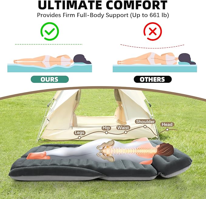 KMZ SUV Air Mattress Double Sided Thickened Flocking Car Bed – Portable Inflatable Mattress Pad for Camping & Travel with 2 Pillows & Electric Pump (Green+Light Gray)