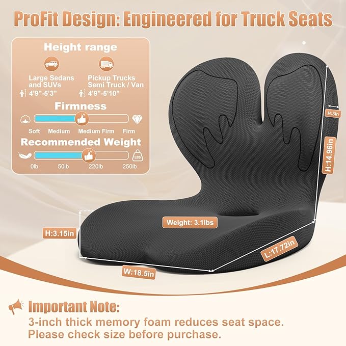 Car Seat Cushion with Lumbar Support for Long Driving Truck RV, 3" Lift Breathable Ergonomic Memory Foam Cushion for Hip, Coccyx, Sciatica, Tailbone & Lower Back Support Van Office Chair (Embroider)