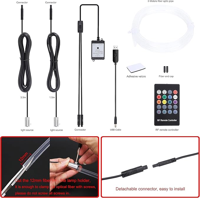 USB Car Ambient Lighting Optic Fiber 8 Colors Music Sound Active with RF Remote Control Car Decorative Atmosphere Lighting Kit DC 12V 1W 3m