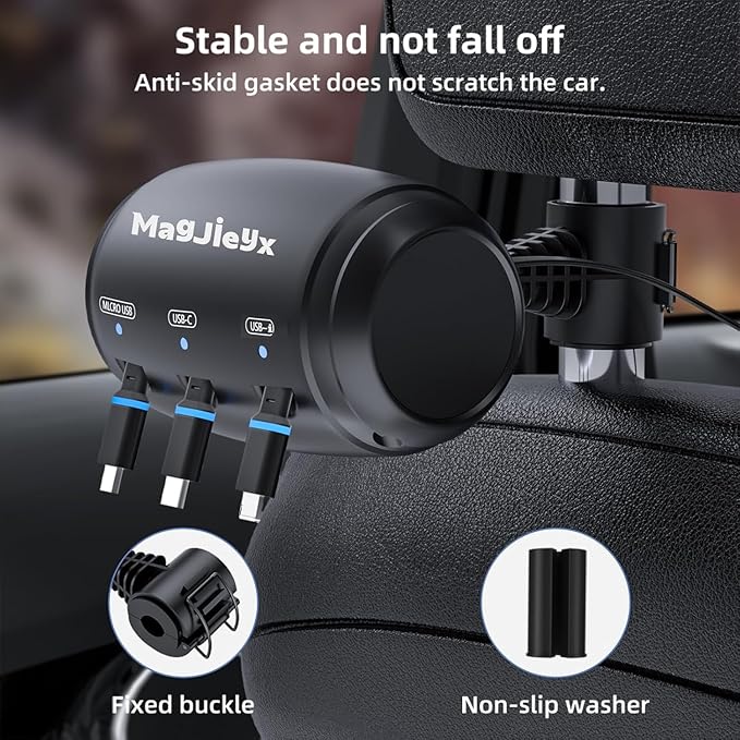 MAGJIEYX for Retractable Car Charging Station Box, 3 in 1 Headrest Fast Power Charging Dock Cord USB Type C Fits iPhone 17/16/15/14/iPad/Android/Samsung|Uber Lyft Backseat Passengers Share Rid