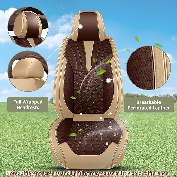 Breathable Car Seat Covers for Nissan Sentra 2009-2025 2026, Perforated Leather Full Set (Beige&Brown)