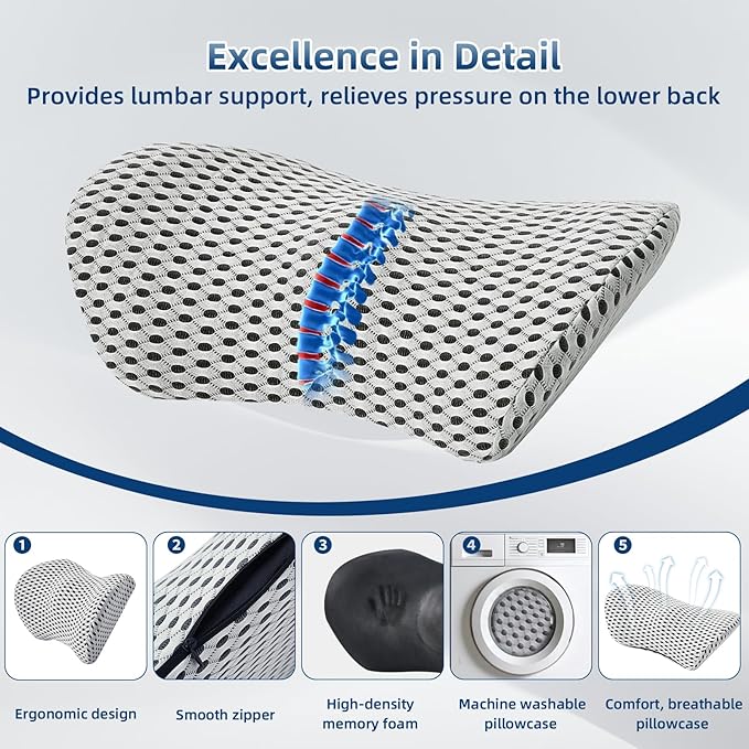 Lumbar Pillow, Memory Foam Lumbar Support Pillow for Office Chair and Car Seat, Ergonomic Streamline Back Pillow for Lower Back Pain Relief, Back Support Pillow for Sitting, Driving, Traveling