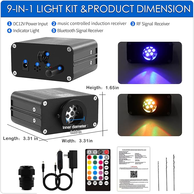 ATOKEE 16W Compact Size Fiber Optic Light Box for Starlight Headliner, Twinkle & Music Mode, Control by Bluetooth App/RF Remote Control, Car Plug & Power Adapter, PG Connector & 3 Drill Bits