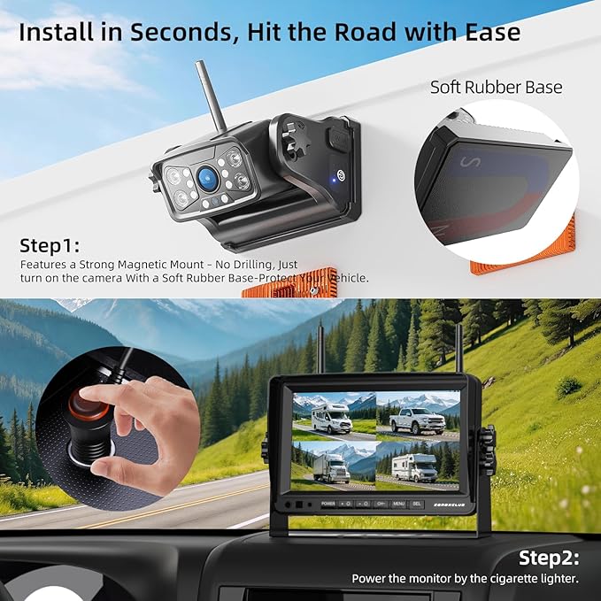 ZEROXCLUB Magnetic Wireless Backup Camera: 7" HD 1080P DVR Monitor with 2 Rear View, 2 Side View Cameras, IR Night Vision, Portable Rechargeable Camera for RV/Trailer/5 Wheels/Camper BC704