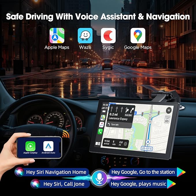 Volam 9" Wireless Carplay Screen for Car with 2.5K + 1080P Dash cam and Backup Camera Support Apple Carplay and Android Auto Car Play with Voice Assistant Bluetooth GPS Navigation AUX