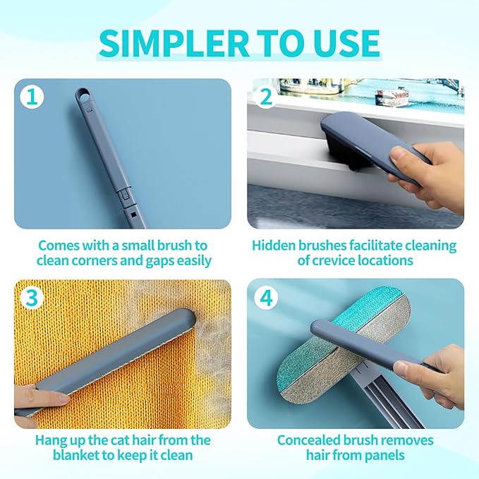 Pet Hair Remover Brush - Reusable Multifunctional Pet Hair Removal Tool for Furniture, 4 in1 Cat and Dog Hair Removal, 17.3Inch Adjustable Long Handle, Gentle on Couch Carpets Bedding (1 Set)