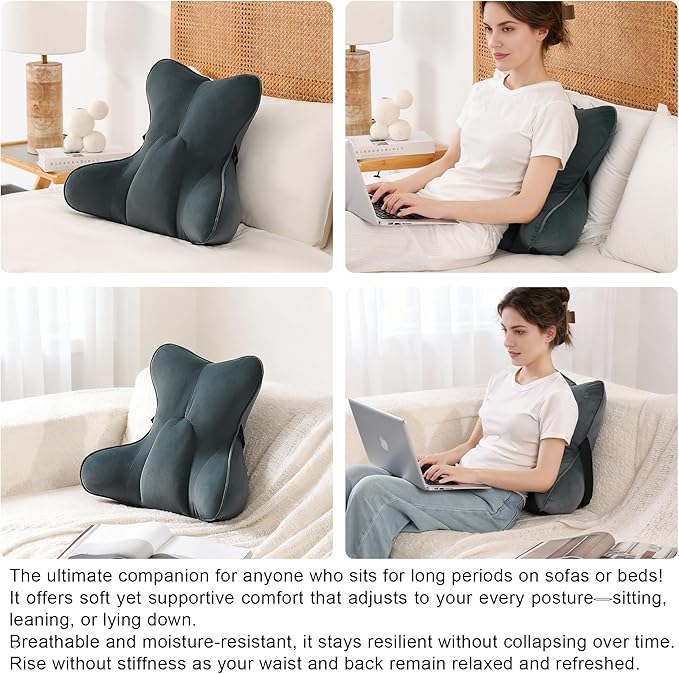 Lumbar Support Pillow(Pat. Pend) for Lower Back Pain Relief – Multi-Functional Ergonomic Lumbar Cushion, Reading Pillow for Office Chair, Car Seat & Sofa,Charcoal Gray
