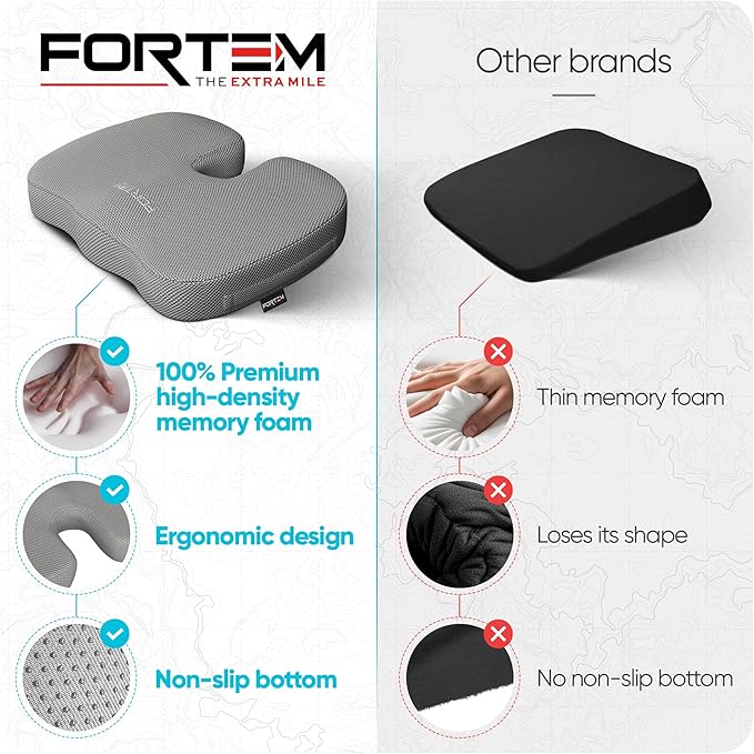 FORTEM Seat Cushion, Office Chair Cushion, Desk Chair Memory Foam, Sciatica Coccyx Tailbone Pain Relief, Pressure Relief, Sitting Pad, for Long Gaming & Sitting, Washable Cover, Non Slip, XL