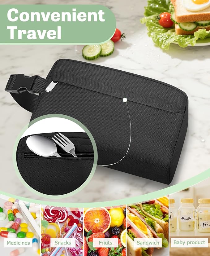Small Insulated Snack Bag Lunch Bag for Kids Lunch Box for Women/Men, Collapsible [3L/5-Can] Reusable Lunch Bag Cooler Bag for Bottle with Handle Buckle for Work/School/Travel, Black