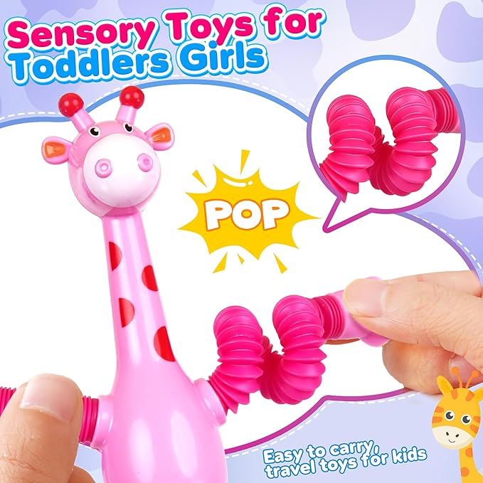 Giraffe Sensory Travel Toys 4Pcs for Roadtrip Car Ride Airplane Toddler Girl Year Old Ages 2 3 4 5 6 7 8, Suction Autism Pop Tube Fidget Toy Autistic Valentines Day Stocking Easter Basket Stuffer Gift