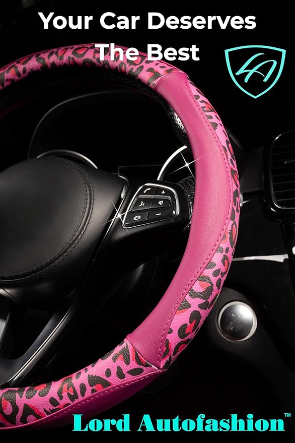 Lord Autofashion Steering Wheel Cover – PU Leather, Non-Slip Rubber Inner, All-Season Comfort – 14.5–15 Inch (Black/Pink Tiger 8684)
